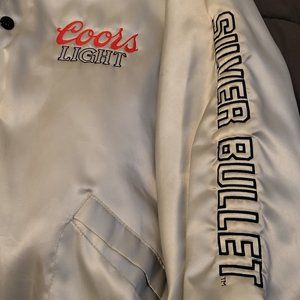 Vintage Silver Satin Coors Light King Louie Bomber Jacket (XL)